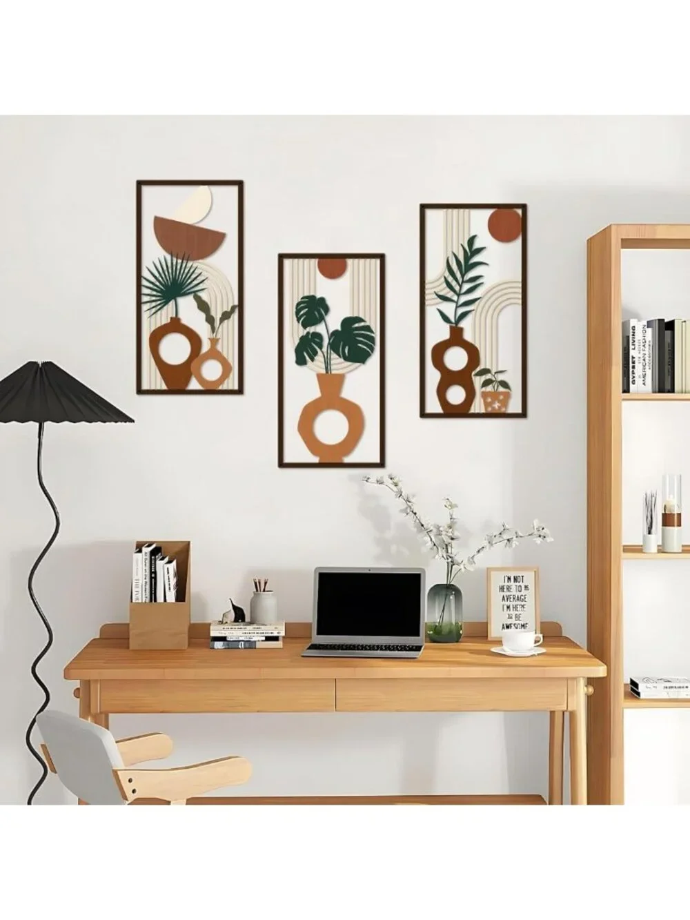 3 Pcs Boho Metal Wall Art Set - Mid Century Modern Plant Vase Decor, Tropical
